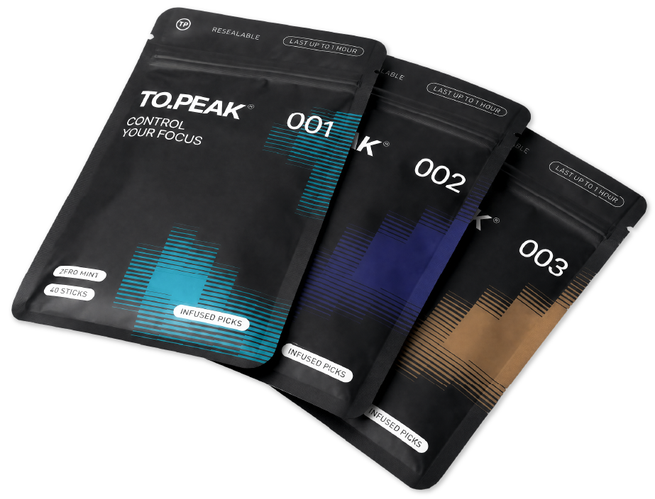 TO.PEAK Focus Picks bundle with Zero Mint, Blueberry, and Coffee pouches