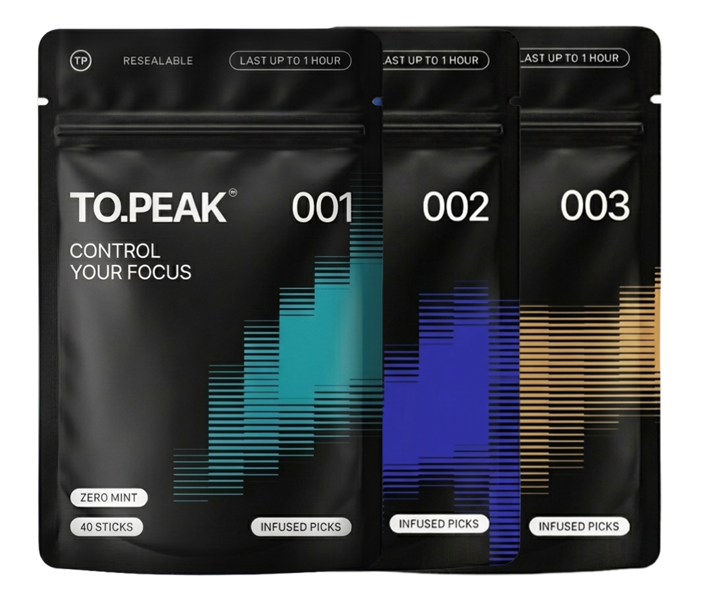 TO.PEAK Focus Picks bundle with Zero Mint, Blueberry, and Coffee pouches